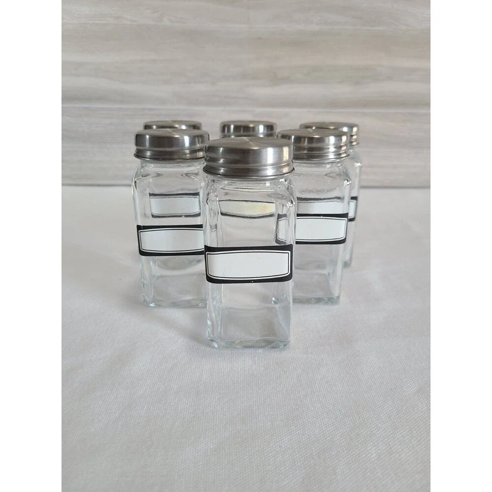 6 Set Glass Spice Jars Square Stainless Steel Lids Labels Kitchen Seasoning Herb